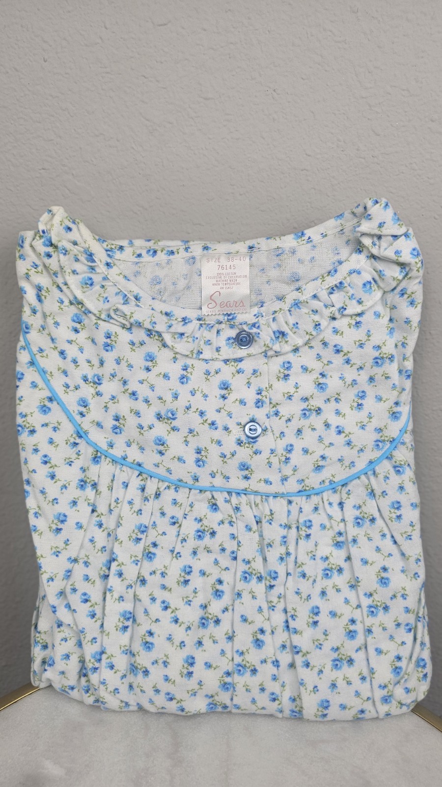 Vintage Sears Ruffle Collar Nightgown NEW Blue Floral Size XL 38-40