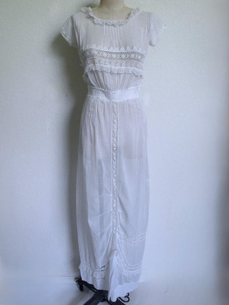 Antique Victorian Edwardian White Sheer Voile Dress XXXS Lace Trim Pintucks