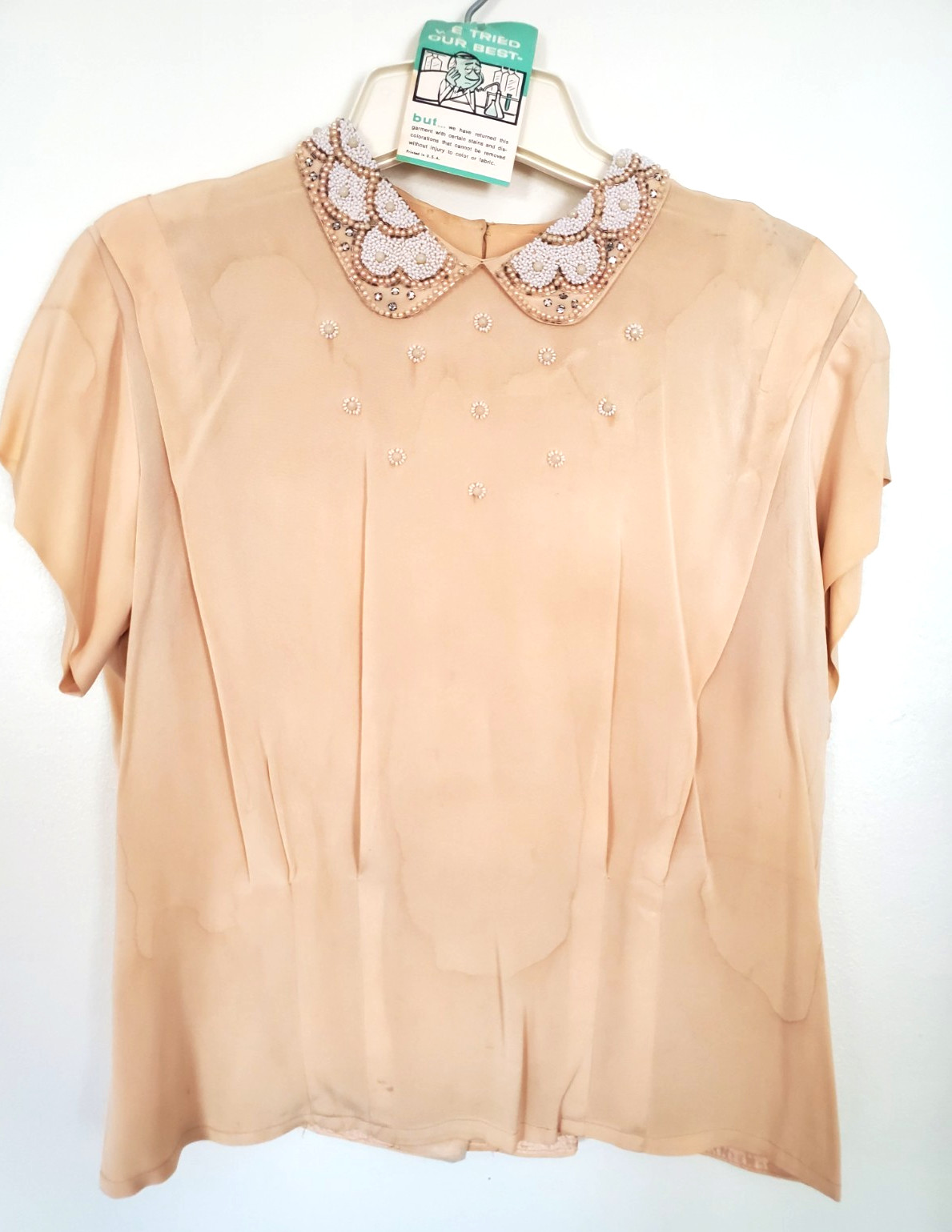 Vintage 50s Pale PEACH Color BEADED COLLAR Blouse Women&rsquo;s TOP 38&Prime; Bust S/S