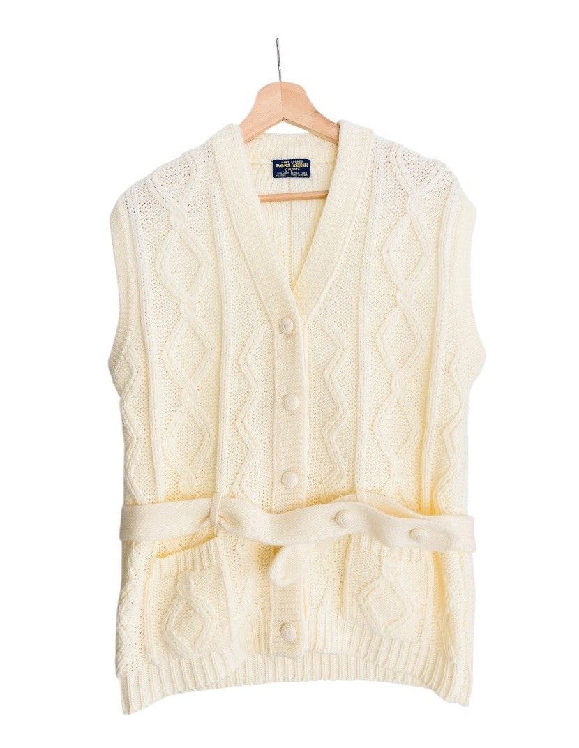 Vintage Hand Full Fashioned Hand Loomed Ivory Knit Belted Sweater Vest