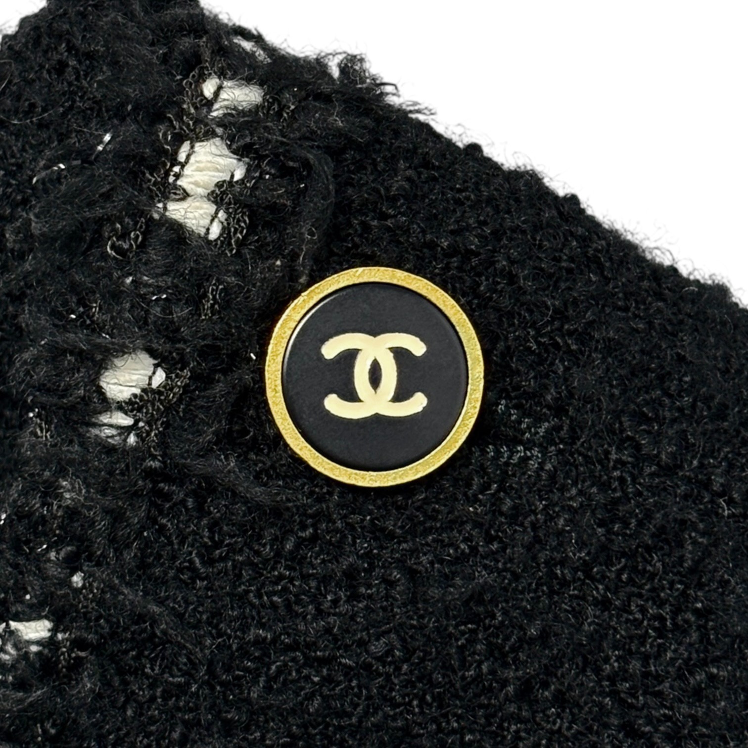 CHANEL Vintage 94A CC Logo Tweed Jacket Blazer Black White Wool Button