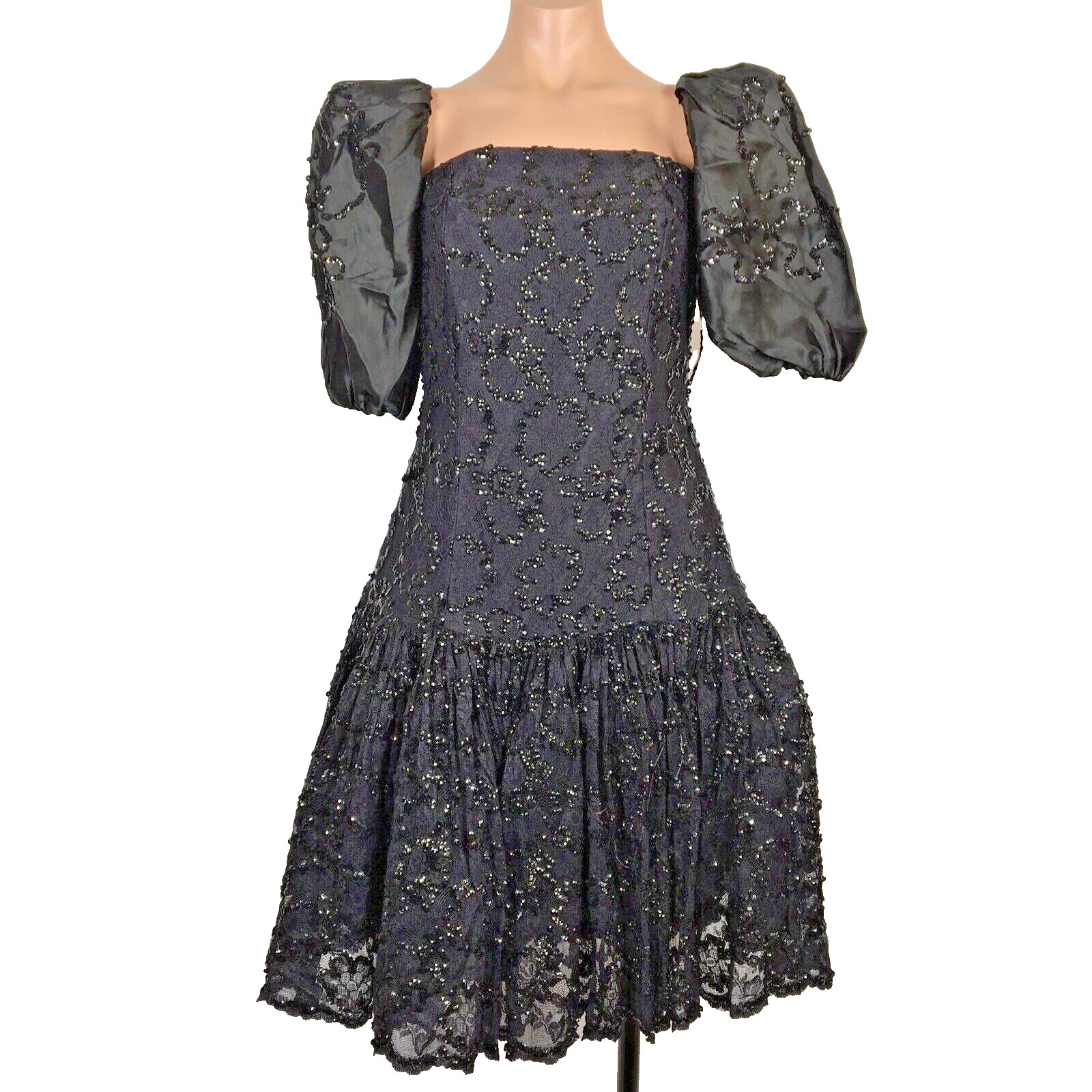Black Frank Usher Puffy Sleeve Party Prom Evening Dress VTG 80s Sequin US-12