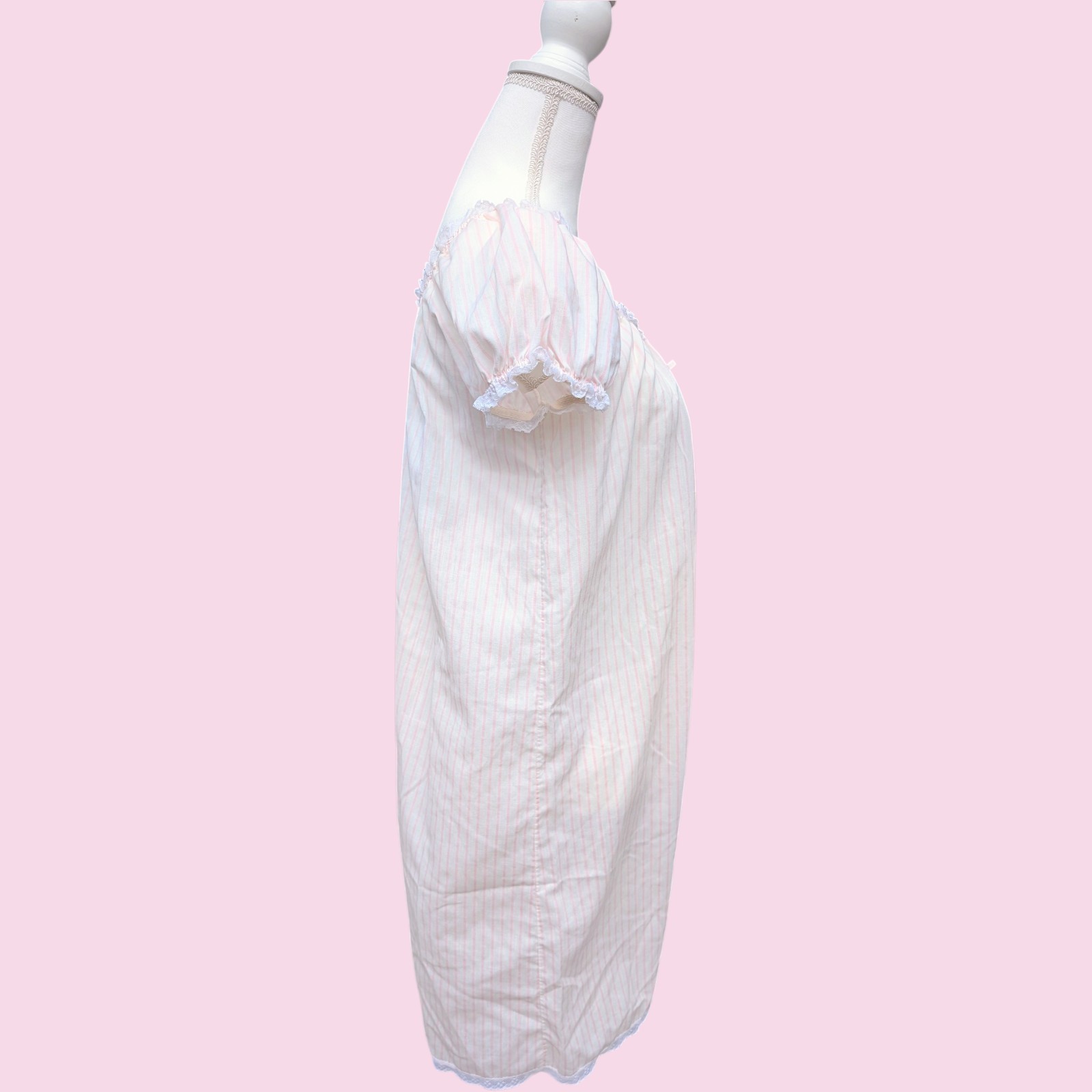 Vintage 80s Miss Elaine Nightgown Pink Stripe Lace Union Made USA Puff Sleeve S