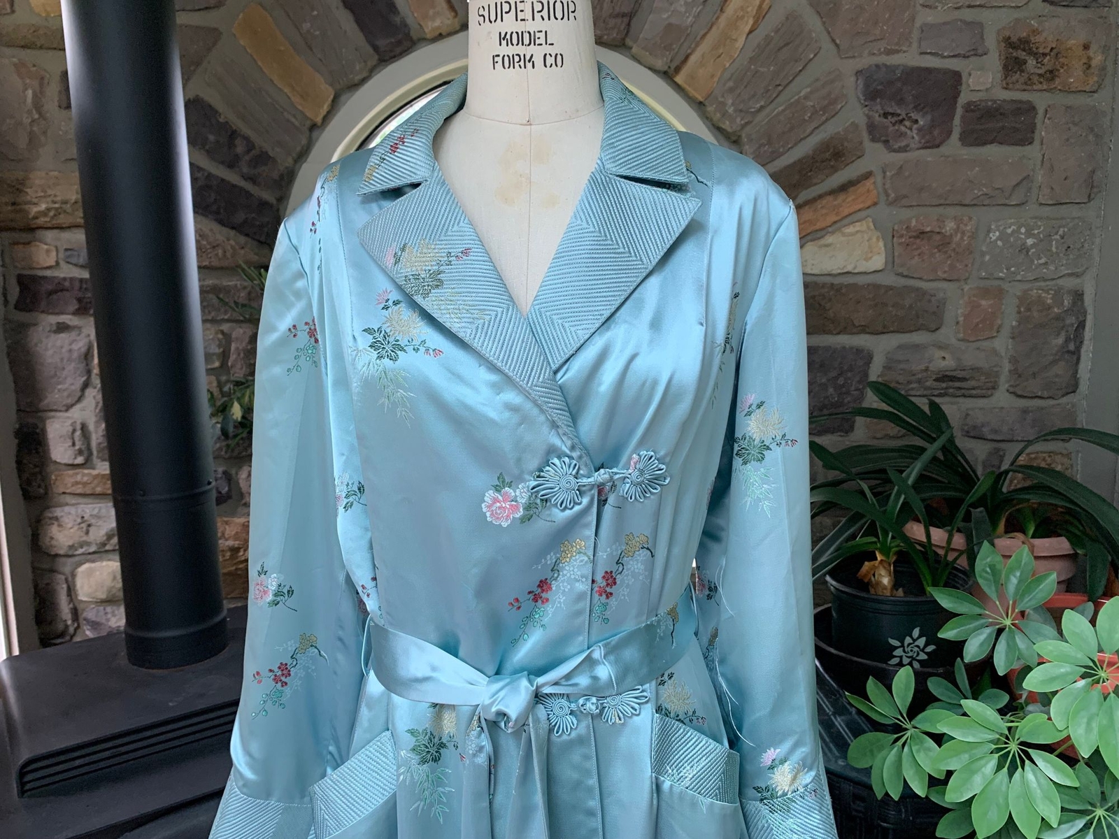 Vintage Light Blue Embossed Floral Rayon Satin Asian Wrap Peony Brand Robe