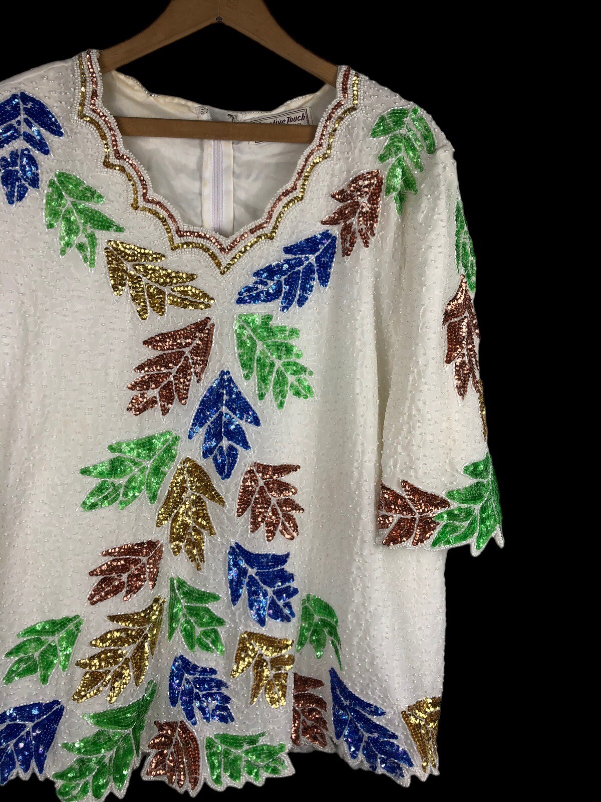 Beaded Top Size XL / 1X Vintage Evening Wear Shirt Blouse White Blue Copper Leaf