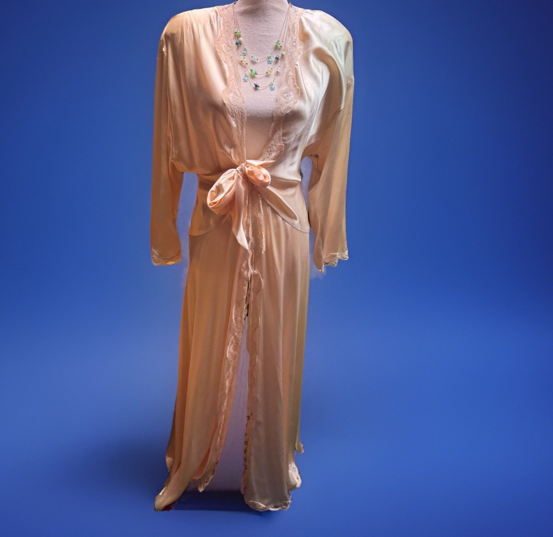 VNTG 80s Entice By Bill Tice Embordered « LOTUS » Maxi Robe Satin Peach Ivory Sz M