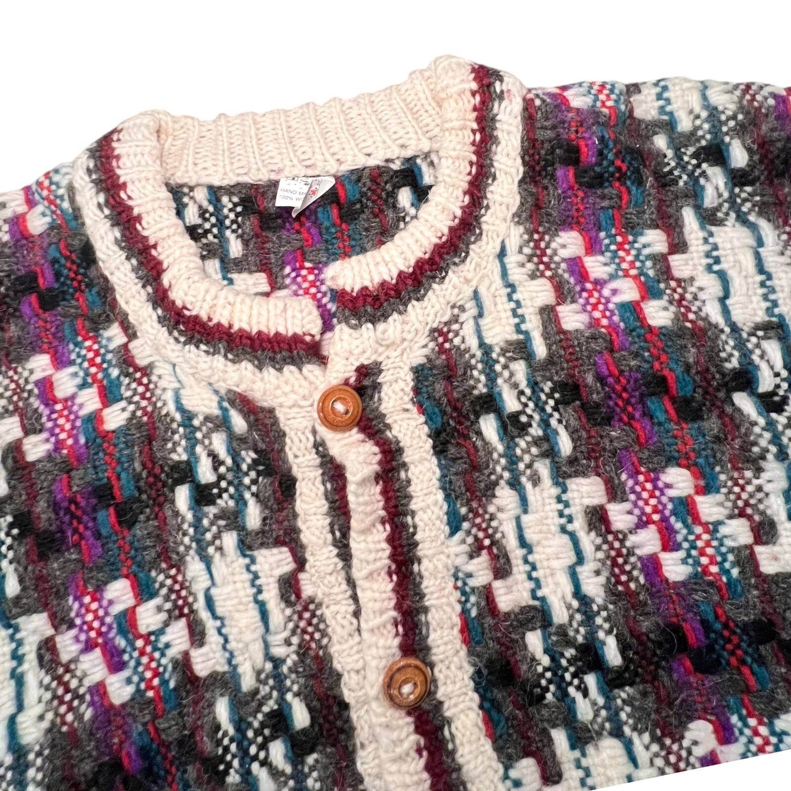 VTG Hand Made Wool Cardigan Sweater Size Large Wood Buttons Chunky Knit Plaid