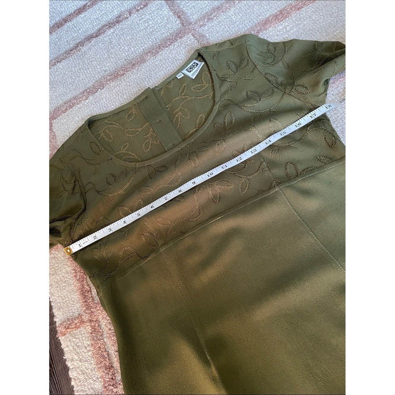 Vintage Johnny Was Embroidered Olive Green Maxi Dress Velvet Trim XS