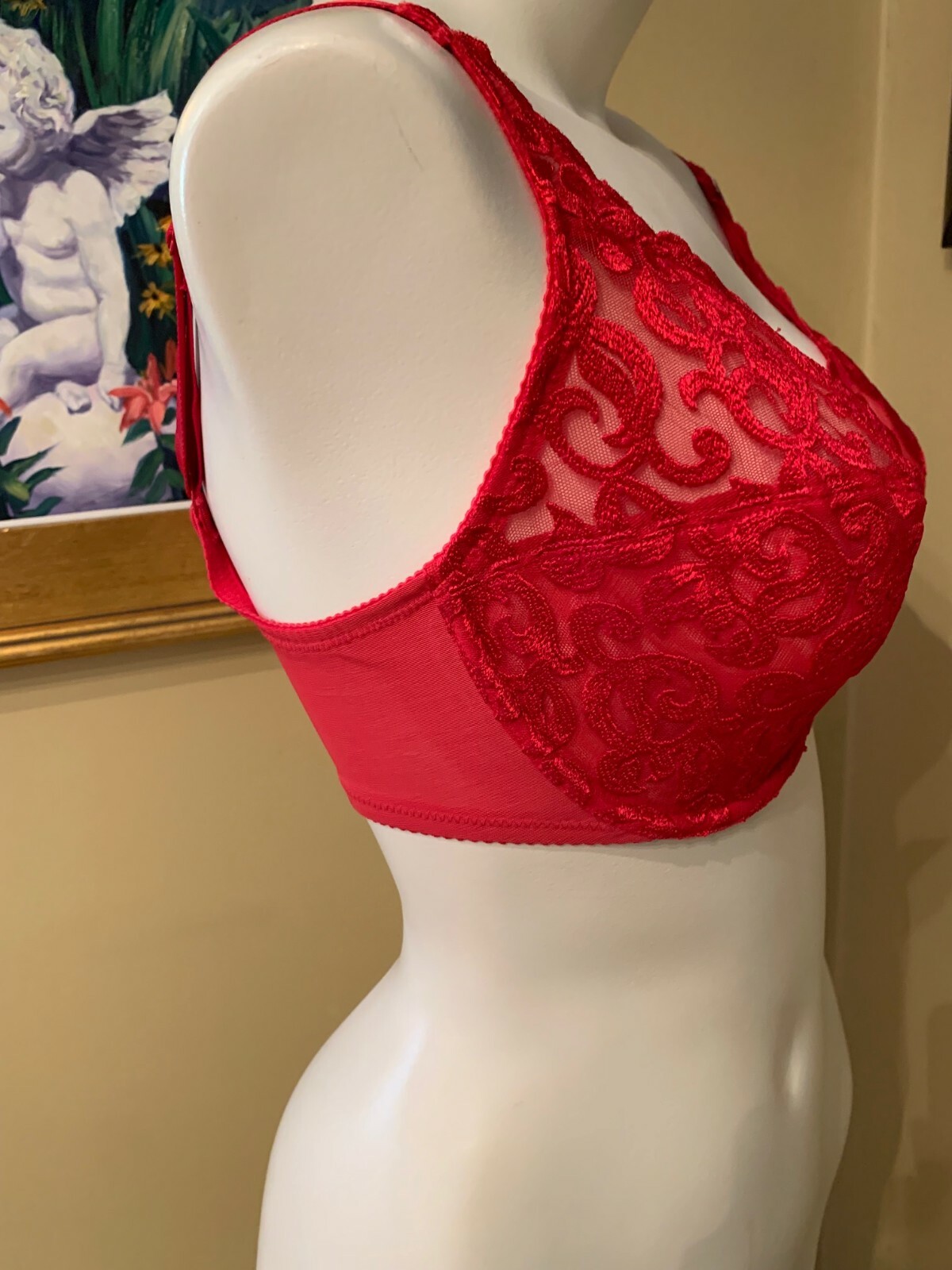 VINTAGE WACOAL 85199 ~ RED ARABESQUE SEMI SHEER FULL FIGURE UNDERWIRE BRA 34DD
