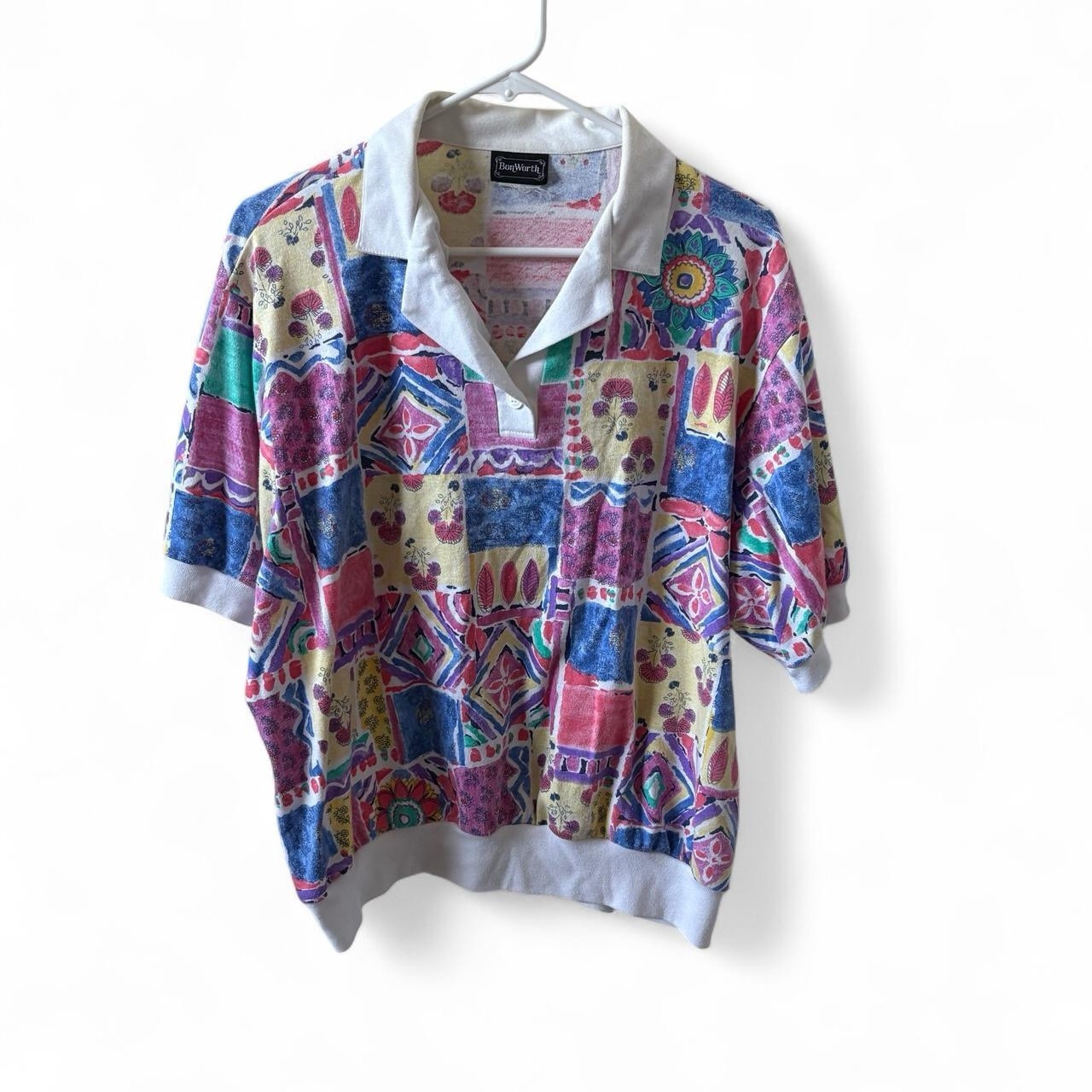 Vintage BonWorth Patchwork Print Short Sleeve Pullover Top Colorful Retro Blouse