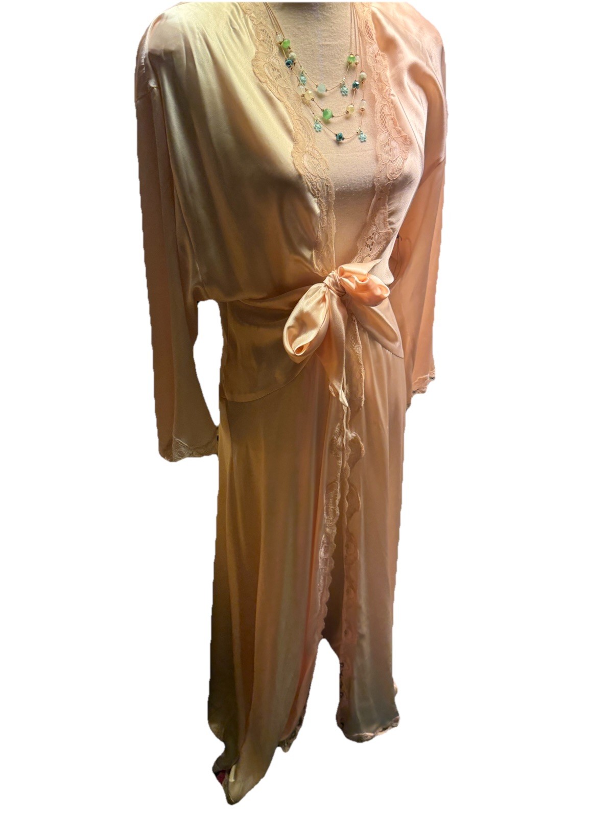 VNTG 80s Entice By Bill Tice Embordered « LOTUS » Maxi Robe Satin Peach Ivory Sz M