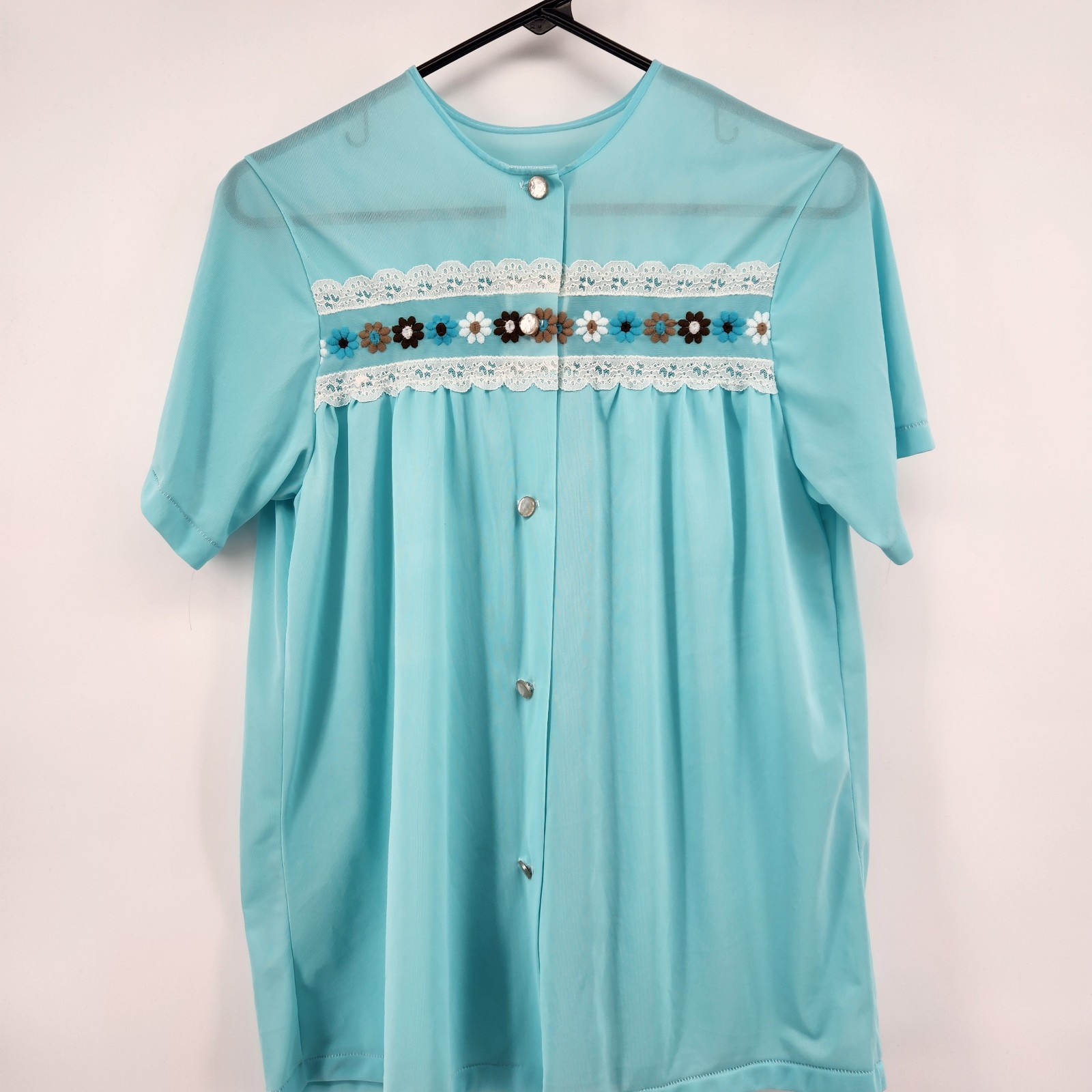 Vintage Sears Aqua Blue Embroidered Floral Lace Bed Jacket Short Sleeve Size 34