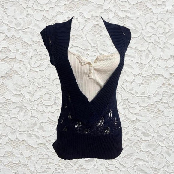 vintage navy blue open knit cardigan sleeveless top