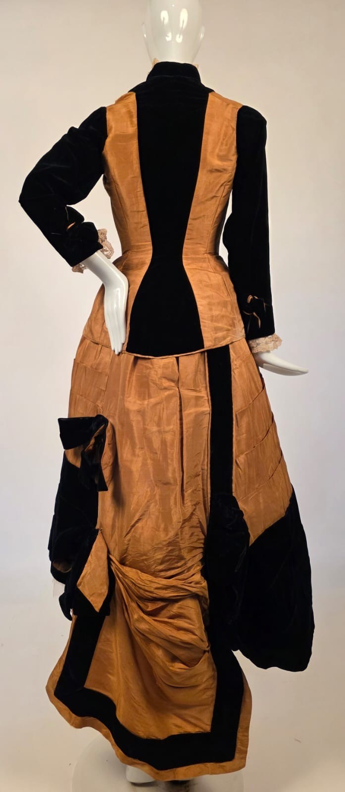 VICTORIAN 1870’S BUTTERSCOTCH SILK + BLACK VELVET WALKING SUIT BUSTLE DRESS