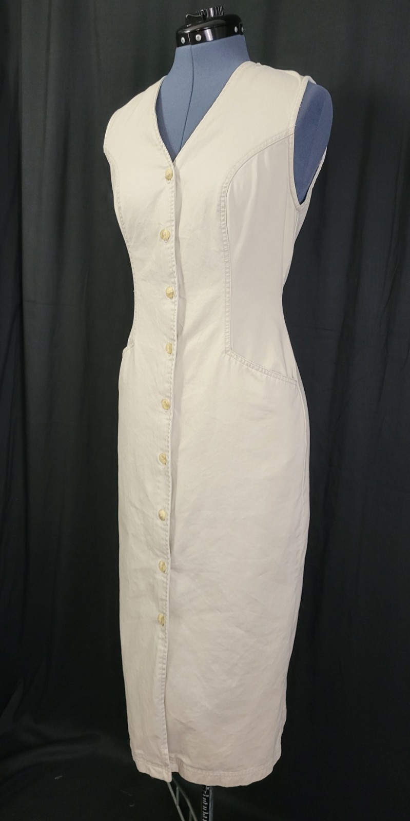 Vintage Gloria Vanderbilt Khaki Button Down Sheath Dress w Pockets Size S
