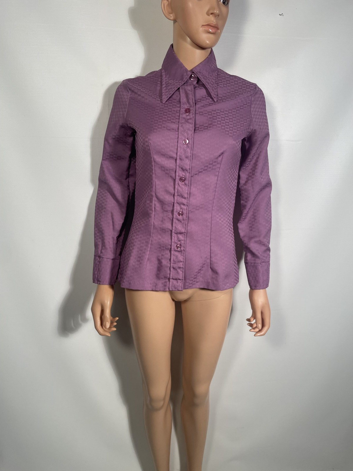 Vitg 70s Dagger Collar Damask Weave Geometric Print Tailored Purple Blouse Sz S