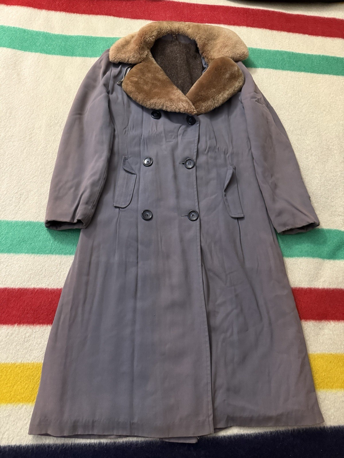 Vintage 40s 50s 60s Gabardine Rayon Sun Faded Mouton Fur Collar Overcoat Trench