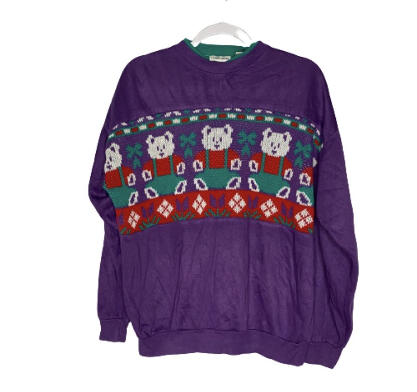 Vintage Lauren Brooke Sweatshirt Womens Medium Purple Teddy Bear Acrylic Kitschy