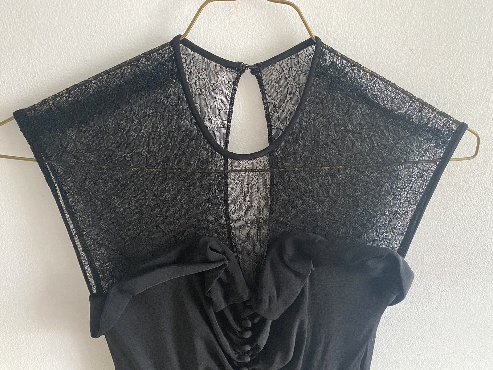 Vintage Black Dress Lace Bodice Ruffle Trim Size XS Chest 28 Waist 24” Length 46