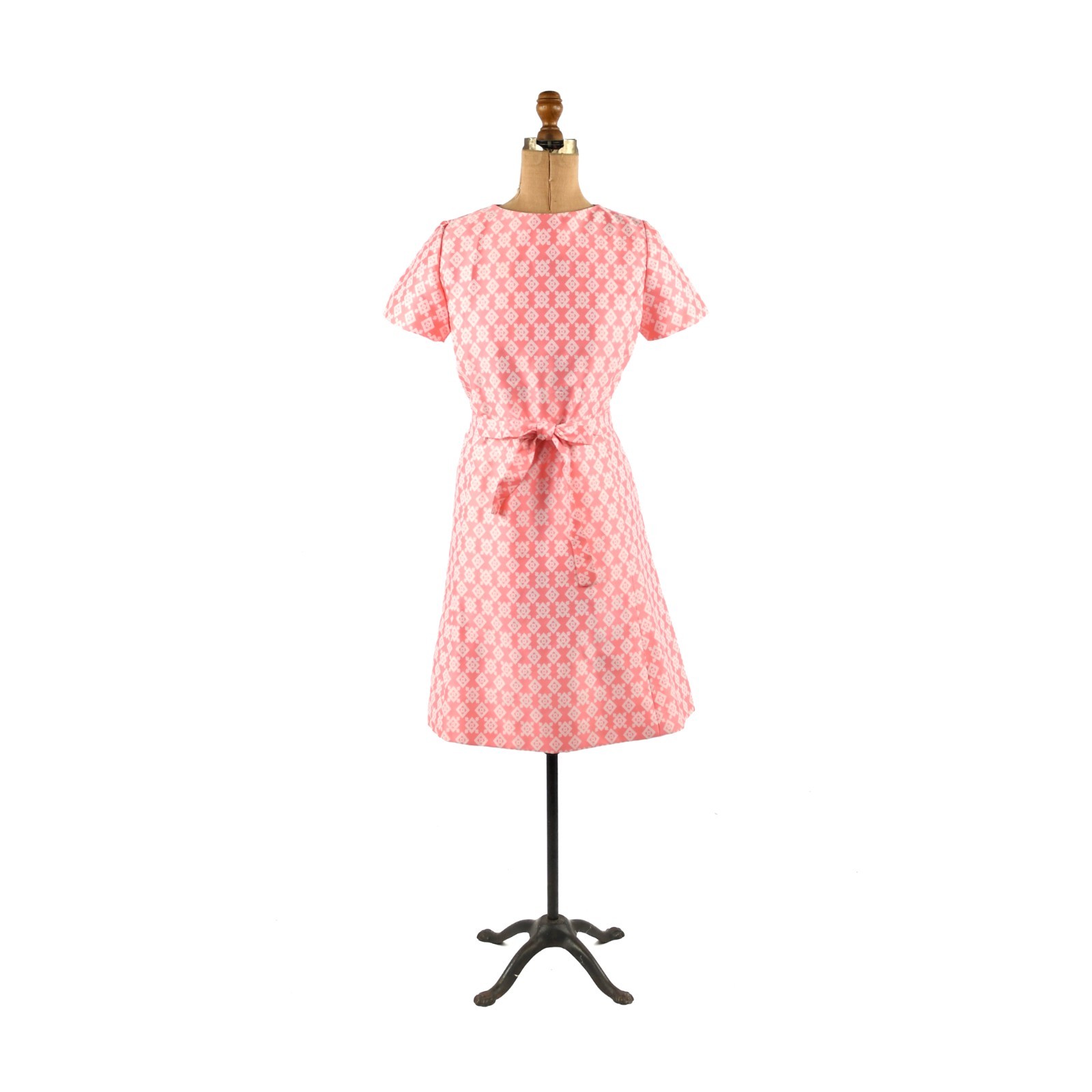 Vintage 60s Pink + White Brocade Diamond Print Short Sleeve Mod Shift Day Dress