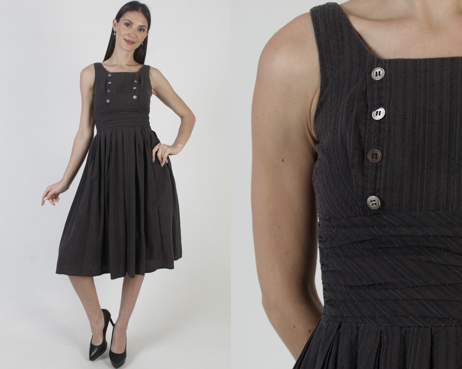 Vintage 50s Black Cotton Dress High Waist Full Skirt Rockabilly House Sundress