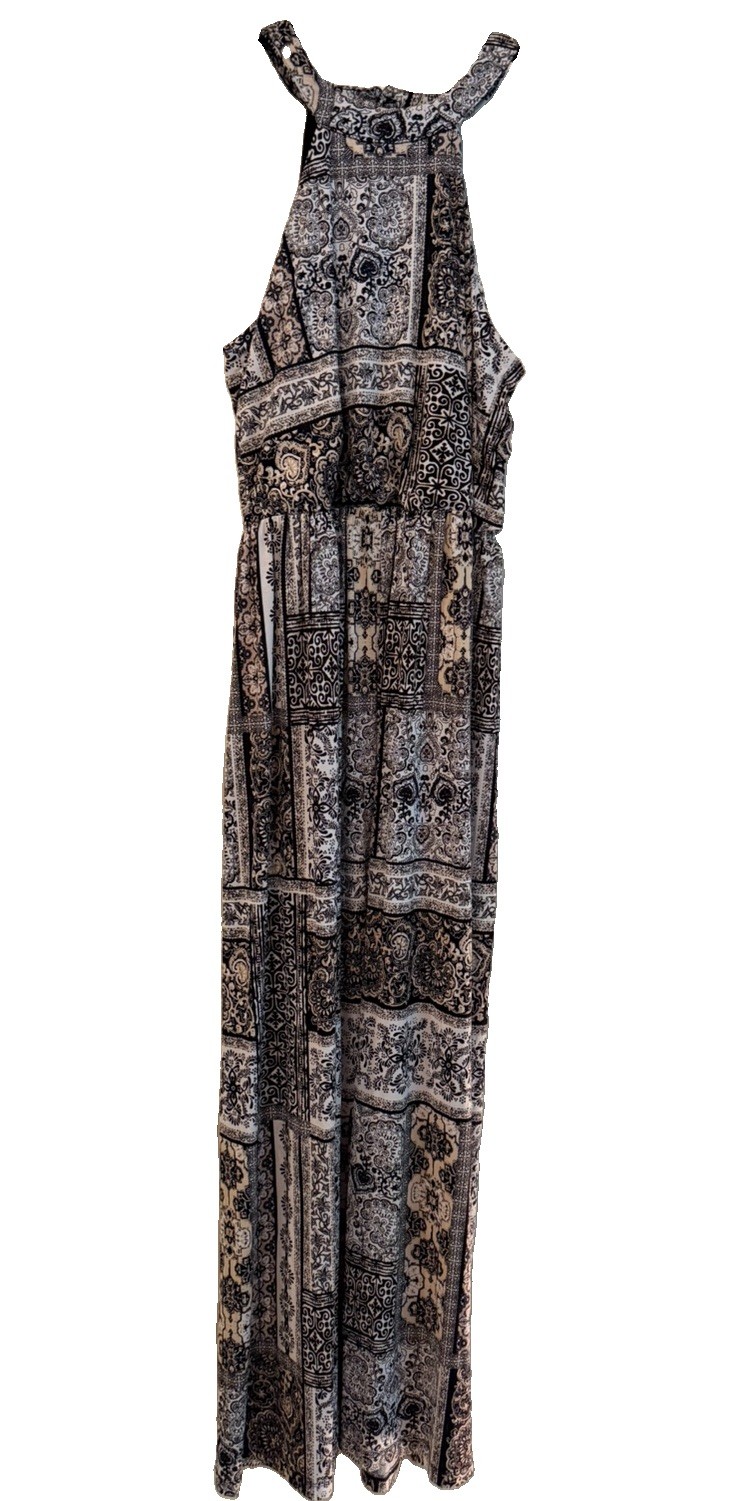 Hearts Women&rsquo;s Paisley Halter Sleeveless Wide-Leg Dress Black Taupe S