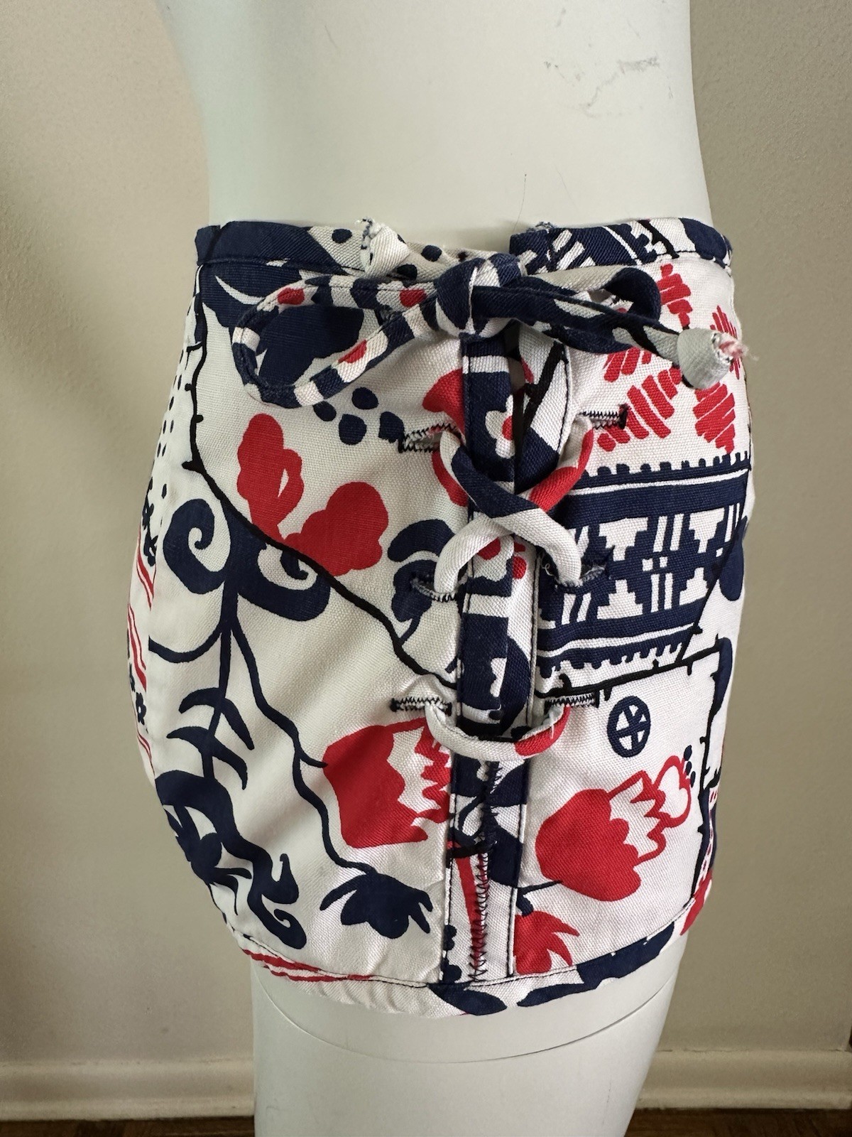 1960s Patchwork Print Lace Up Swim Bottoms Hot Pants Mod Floral Polka Dot S VTG