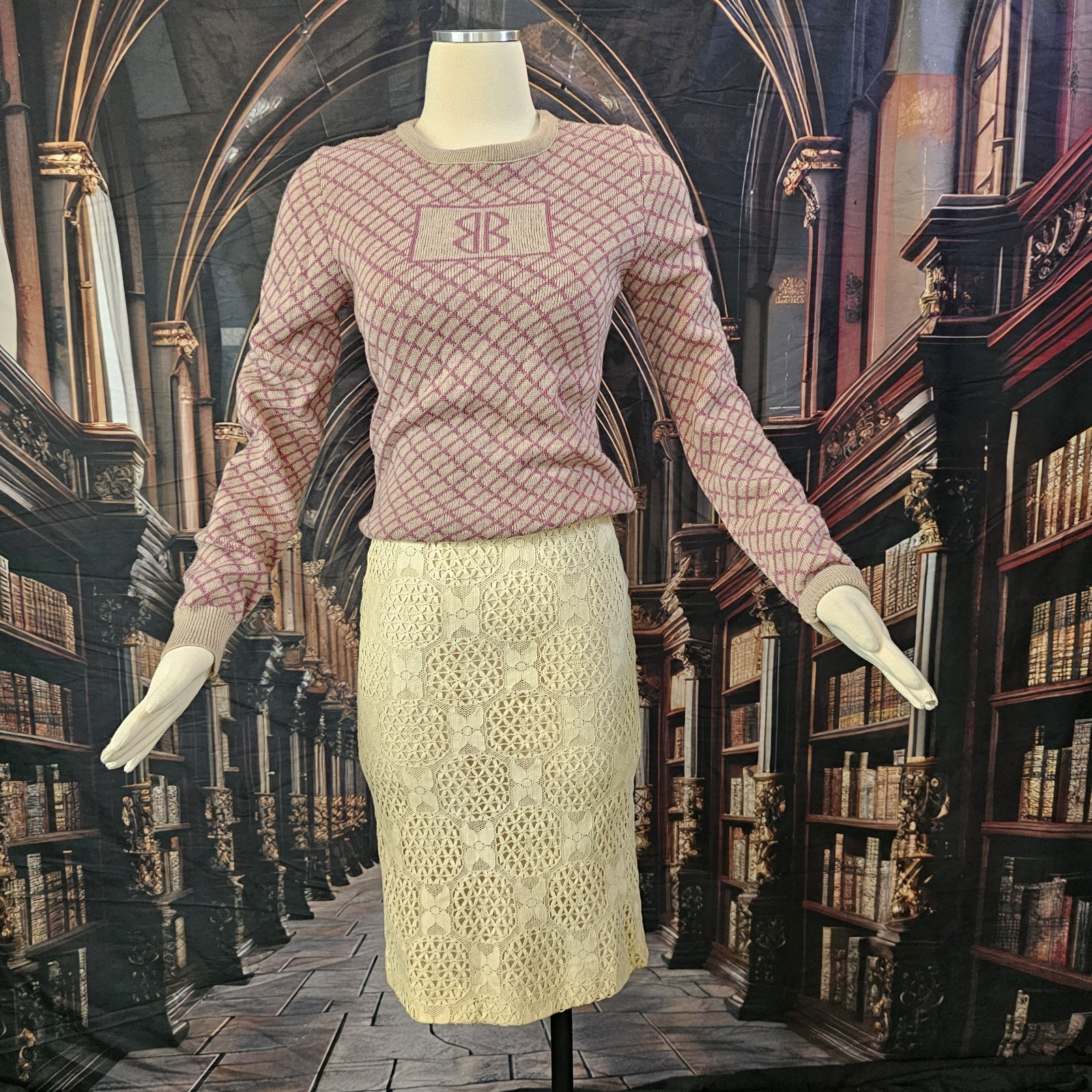 Vintage 1970s Sweater Pullover Mauve Pink Beige Diamond Pattern Double B