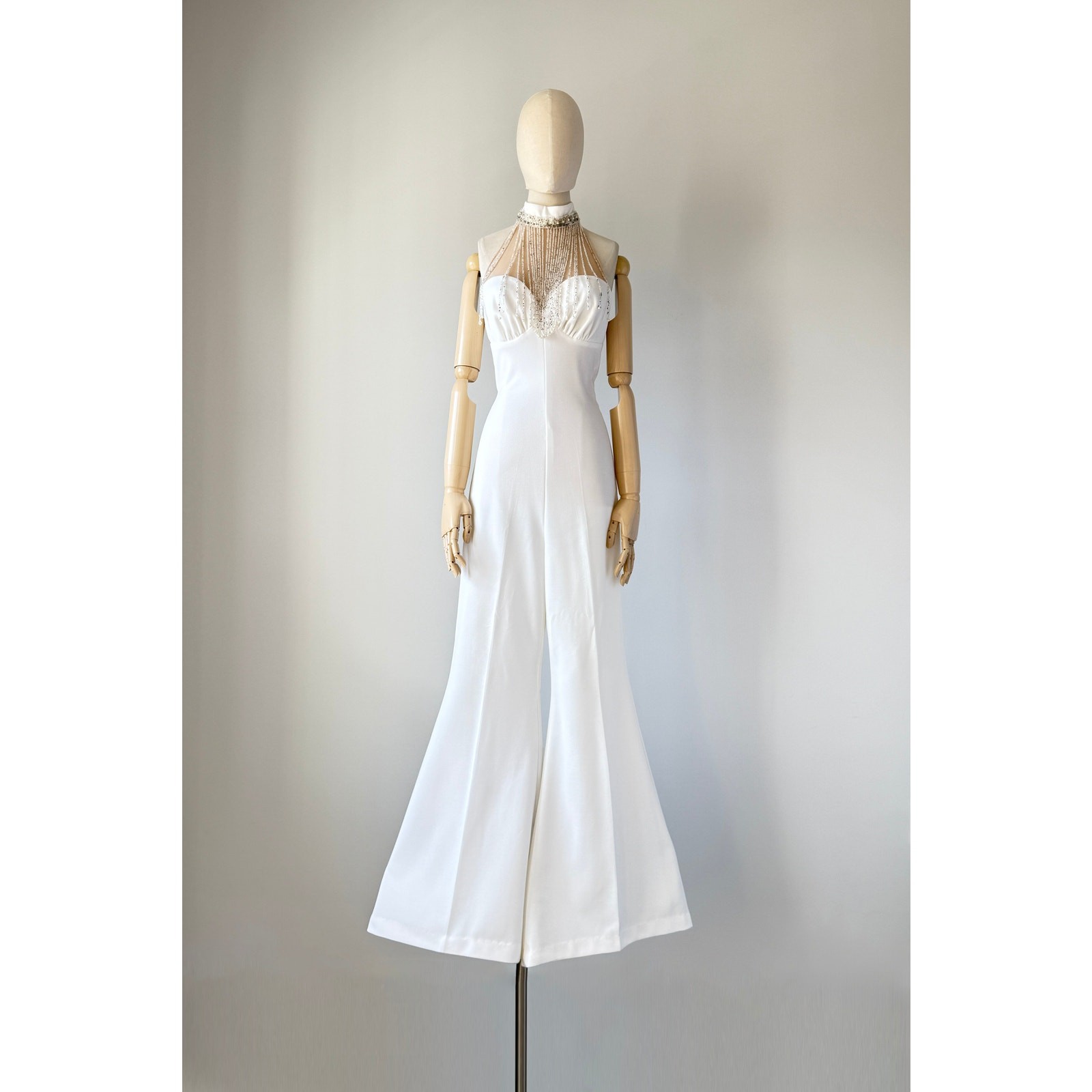 Vintage 1970s White Beaded Frederick&rsquo;s of Hollywood Halter Bridal Jumpsuit SMALL