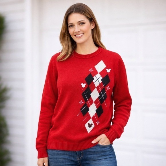 Vintage 90s Mickey Mouse Disney Argyle Pullover Sweater Oversized Red – XL