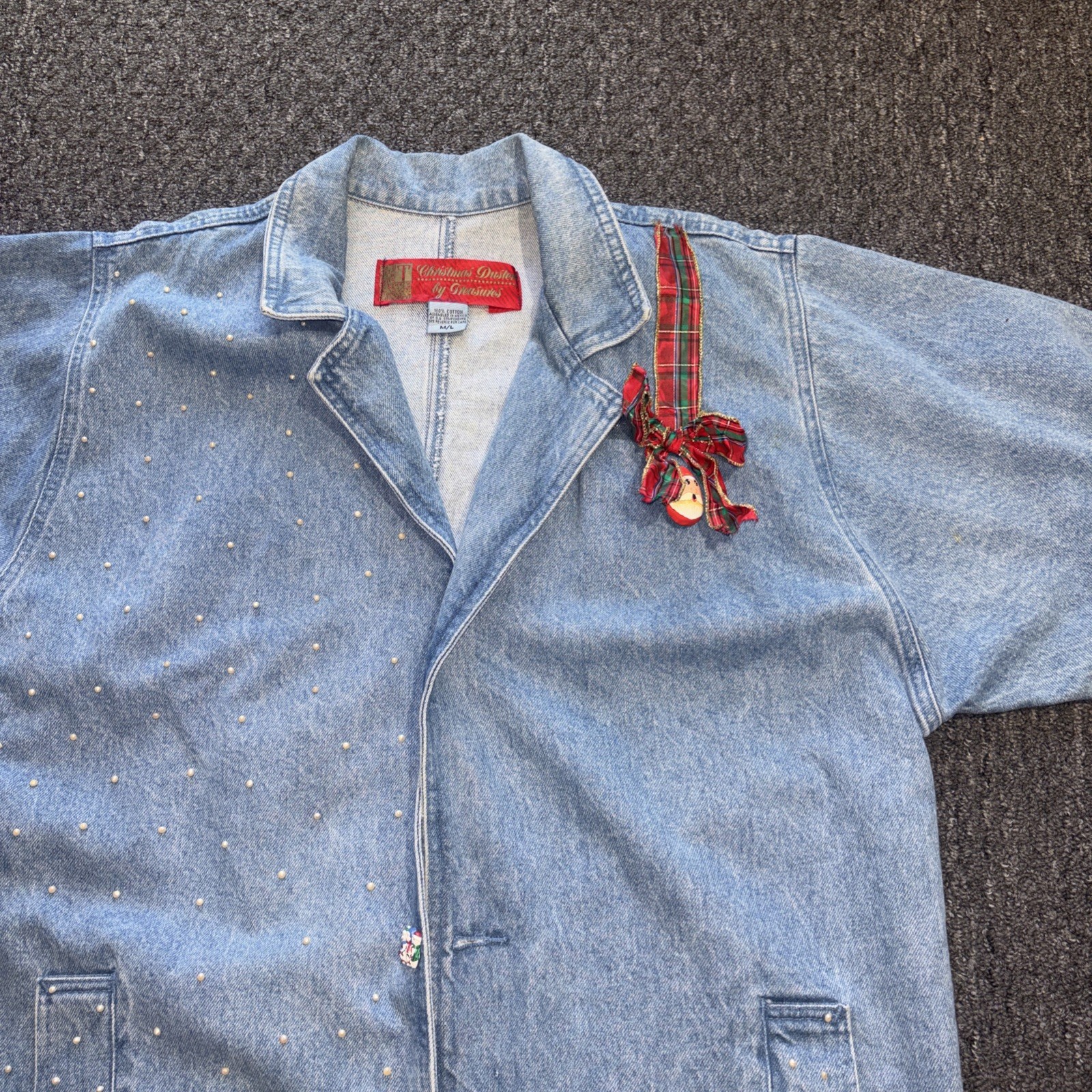 Vtg Christmas Duster by Treasures Denim Jacket Embroidered Tree Coat M/L 90s