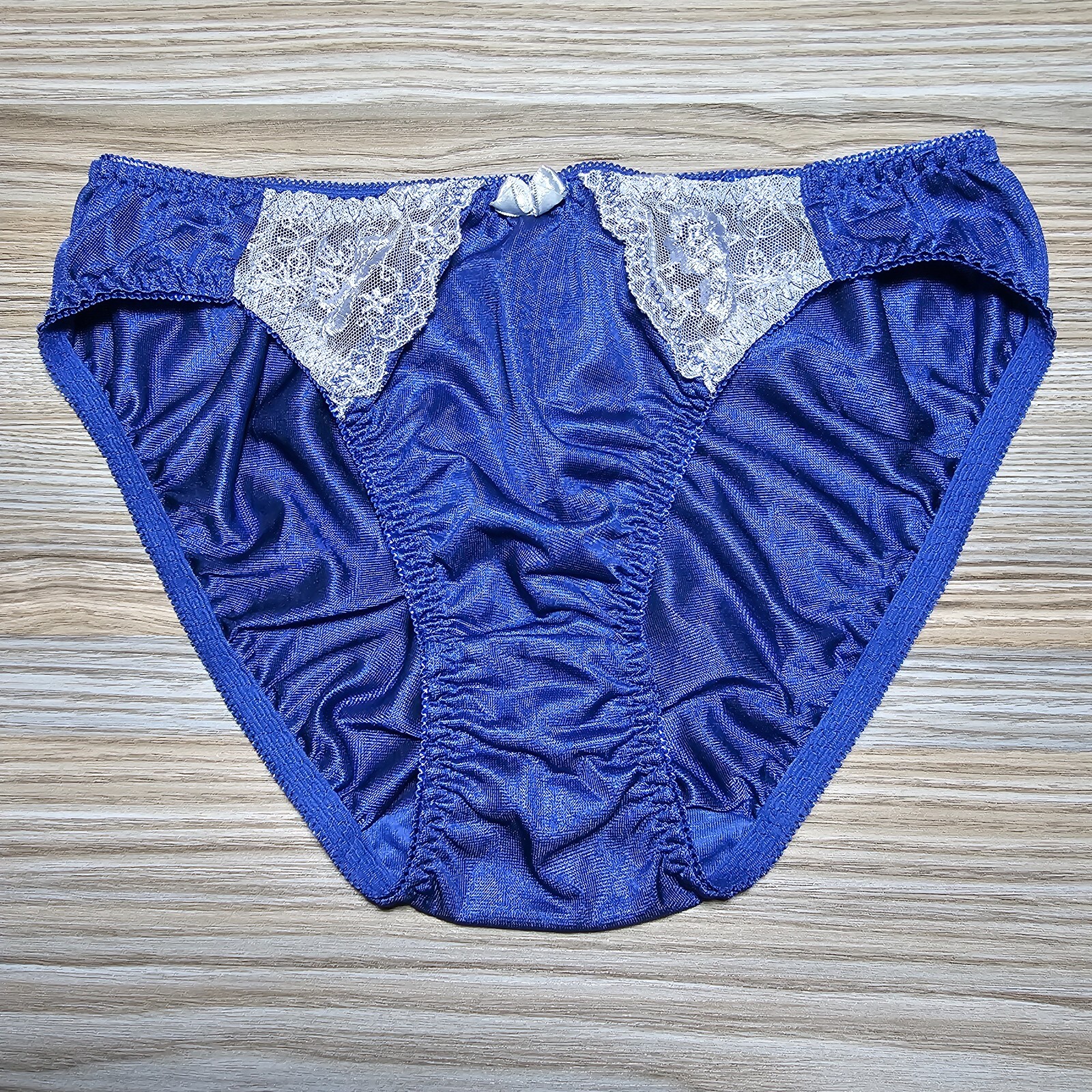 Vintage Silky Nylon Panty Sissy Lace Sheer Blue Hi Leg Brief Size 6/M Hip 36-39&Prime;