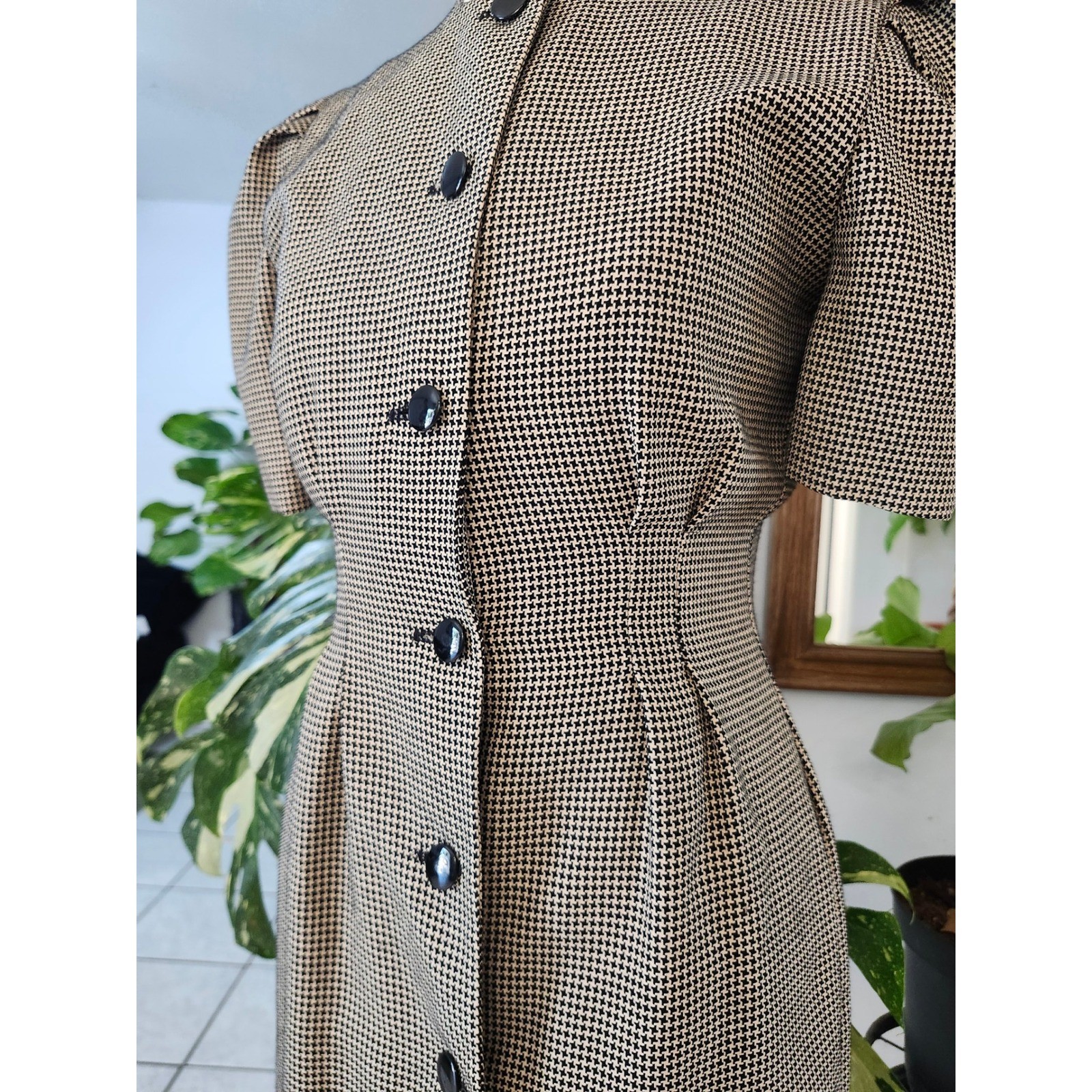 Vintage Jessica Howard Houndstooth Dress Petite Sz. 4 Black White 80s 90s Career