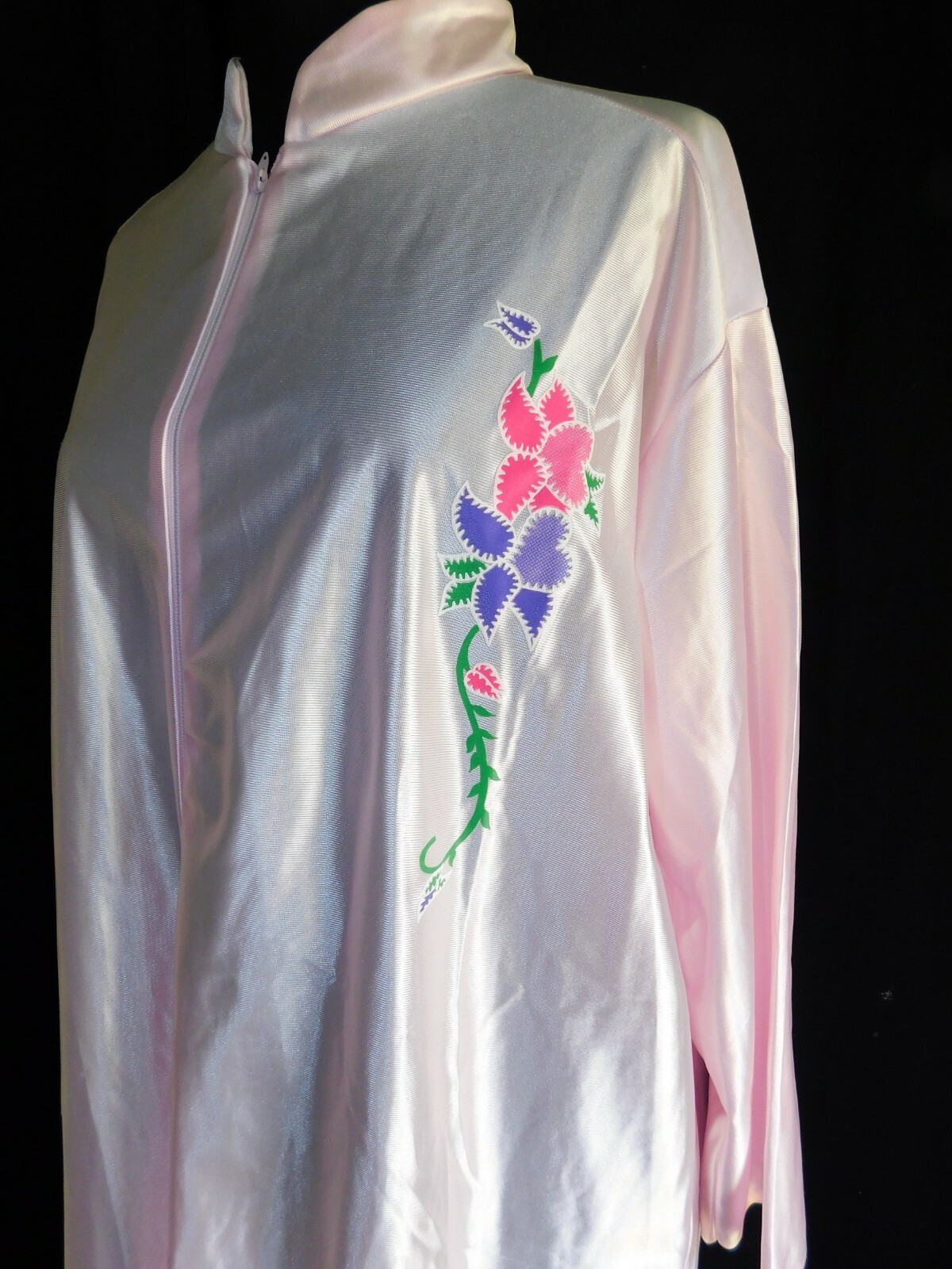 Silky Slick Exclusively Yours zip up polyester robe, 1X, pink w/painted flowers