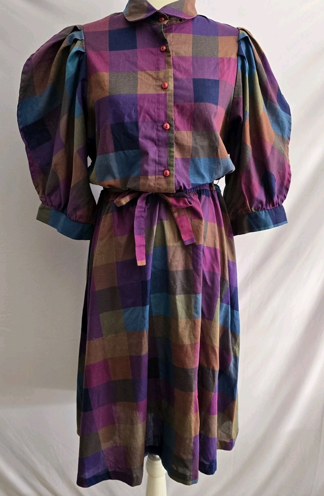 Vintage 80s Plaid Puff Sleeve Midi Dress Cottagecore Prairie Retro Teacher