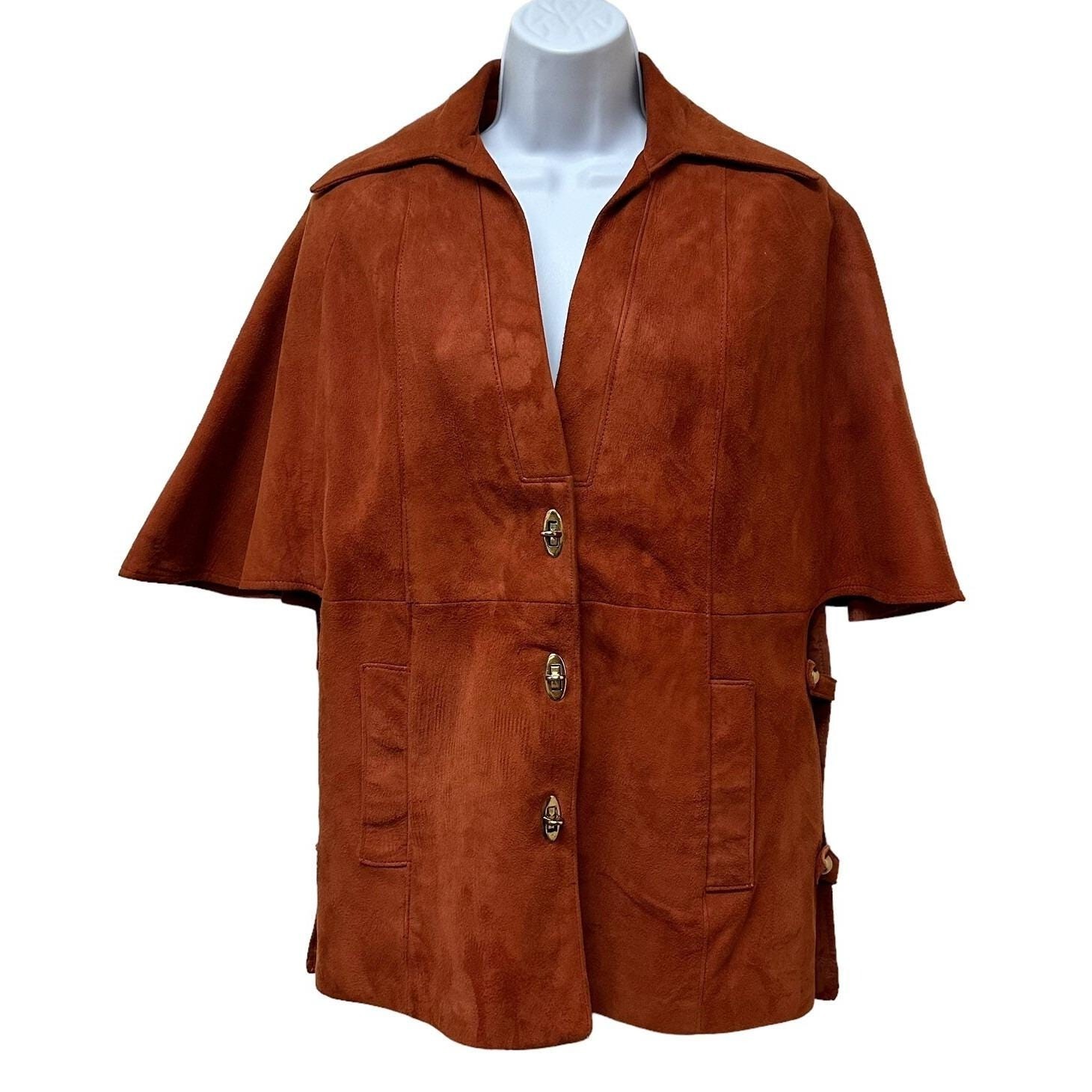 Vintage Hippie Rust Orange Suede Leather Cape Sleeve Coat Jacket Open Sides