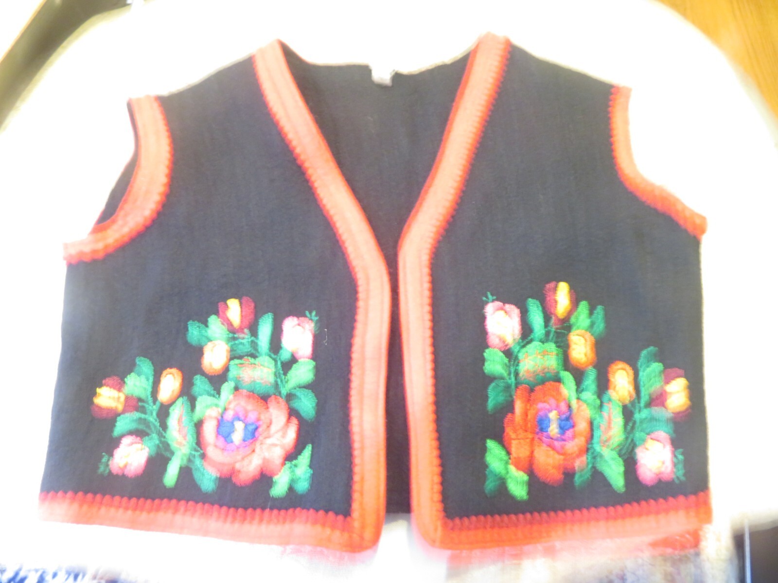 Vintage Matyo Hungarian Embroidered Black Felt Vest with Floral Design