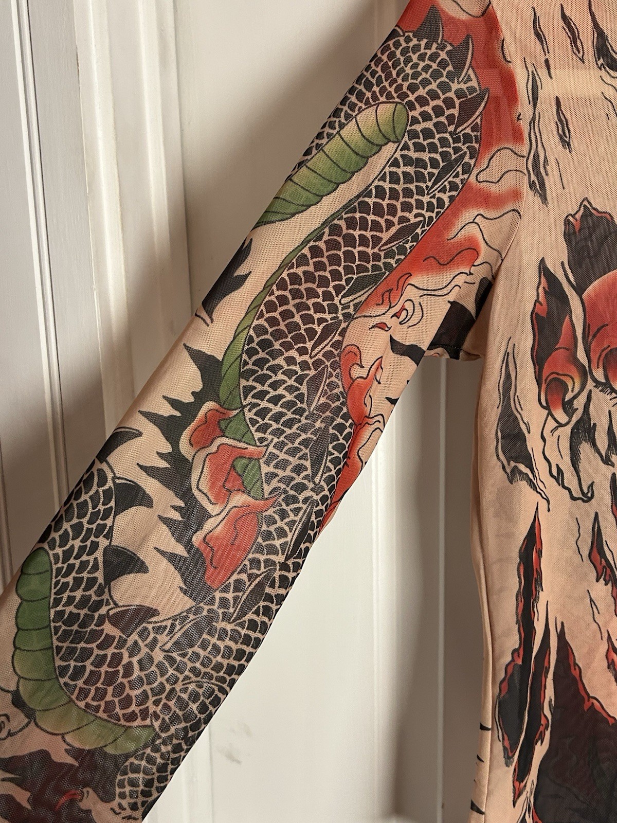 Y2K Unbranded Top Sheer Nude Tattoo Mesh Dragon Tiger Long Sleeve Women’s M