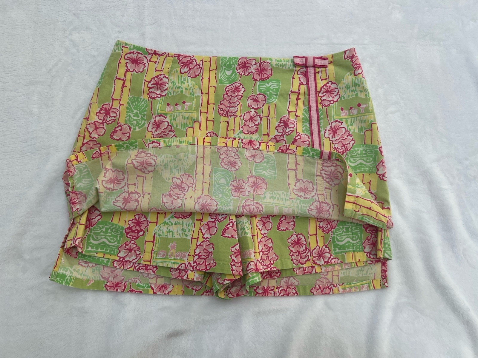 VTG 90s Lilly Pulitzer Mini Skort Lime Green Pink Flowers Tiki Summer Bow S 10
