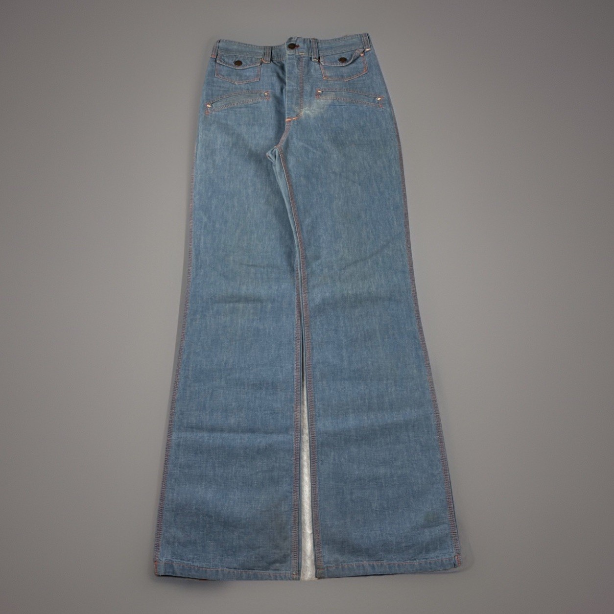 Vintage 70s Sisley Dungaree Made In France Bell Bottom Flare Jeans W-28in