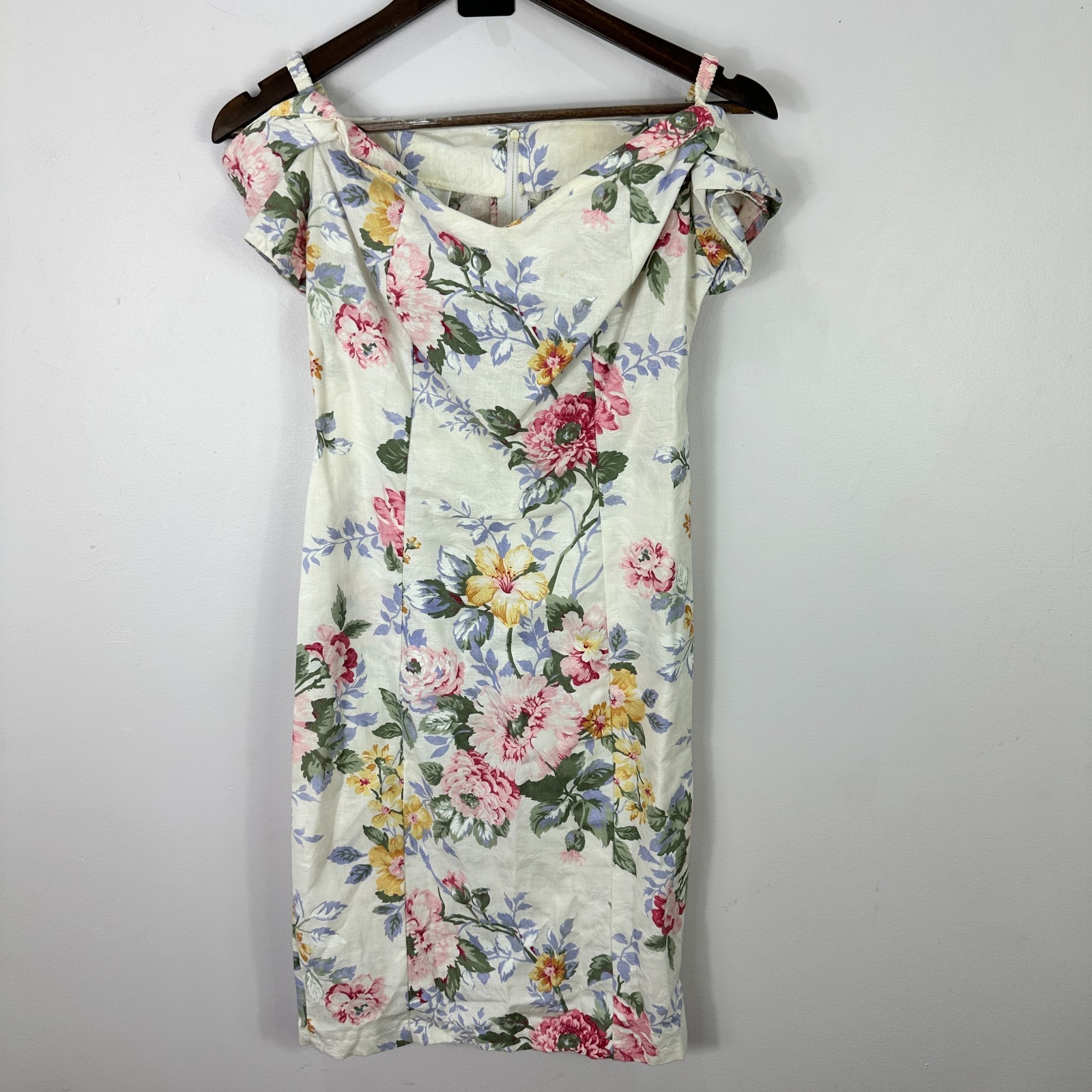 Vintage 90 Byer Too Floral Sheath Dress 7 Off The Shoulder Cottage Fairy Garden