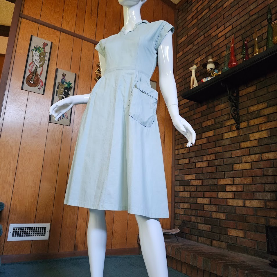 Vtg 40s 50s Novelty Pocket Chambray Full Skirt Chore House Rockabilly Dress XS/S