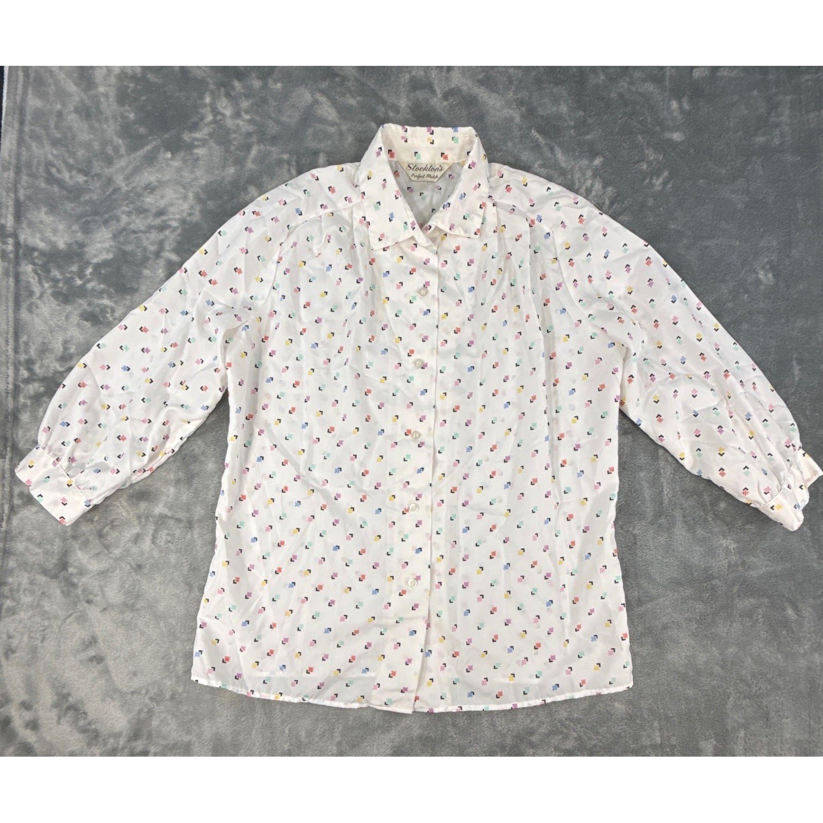 Stocktons Perfect Match Vtg 80s White Multi Color Geometric Confetti Blouse L