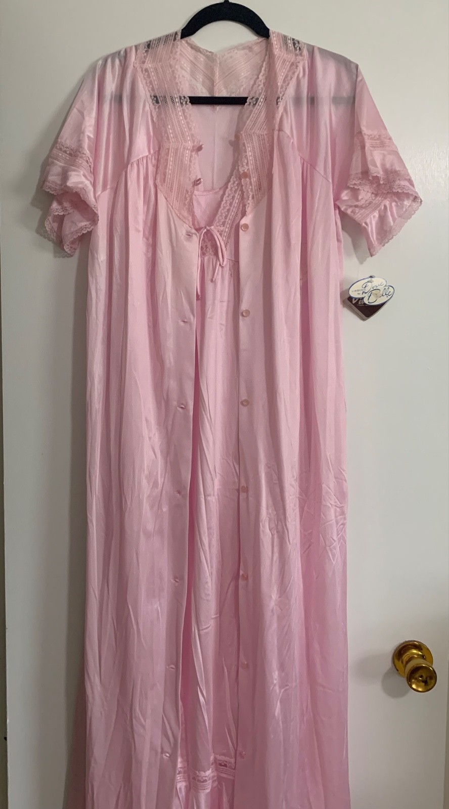 Vintage 1970s NWT DIXIE BELLE Pink Nylon 2pc Set ROBE/Peignoir & GOWN Maxi Large