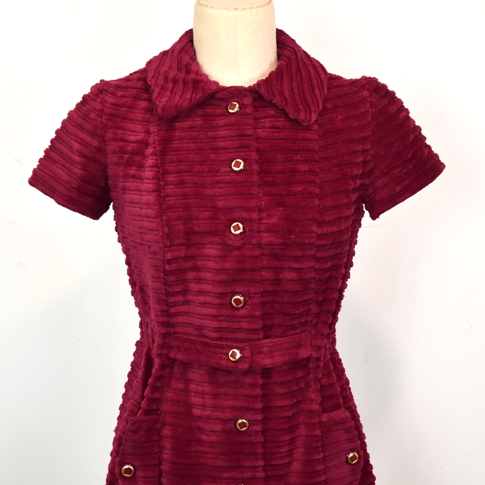 Mod 60s VTG. Corduroy Mini Dress XS-S SP Wide Whale Chunky Cranberry Red