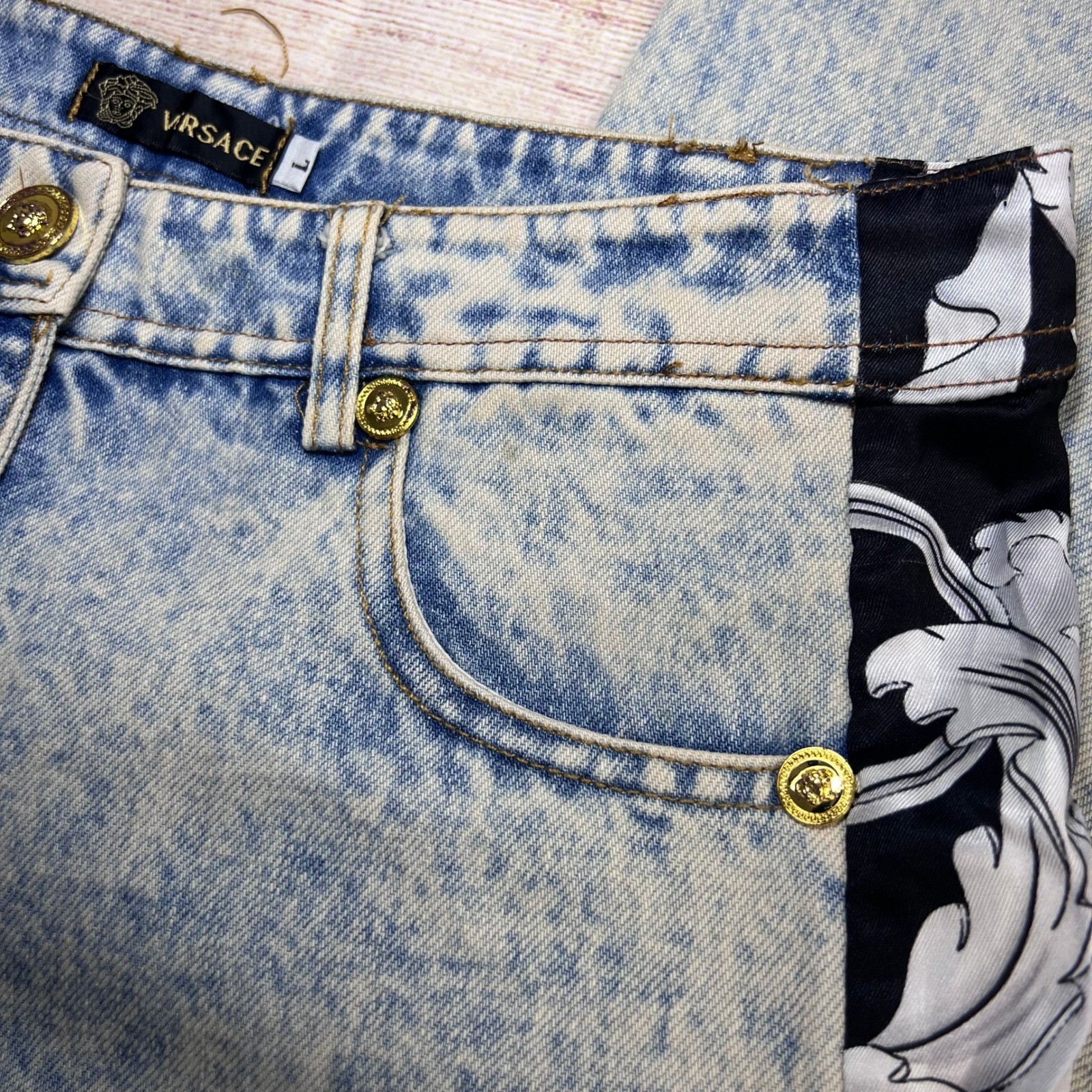 Y2K Custom Versace Vintage Inspired Denim Baroque Bandana Side Stripe Size Large