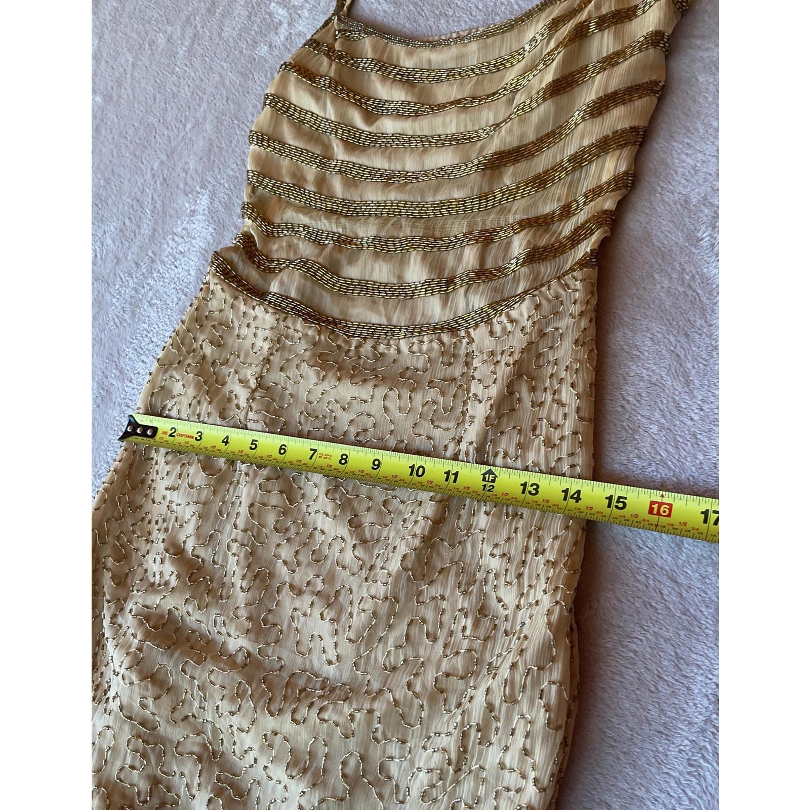 NWT Vintage 90s Gold Silk Beaded Column Gown with Front Slit, Deadstock