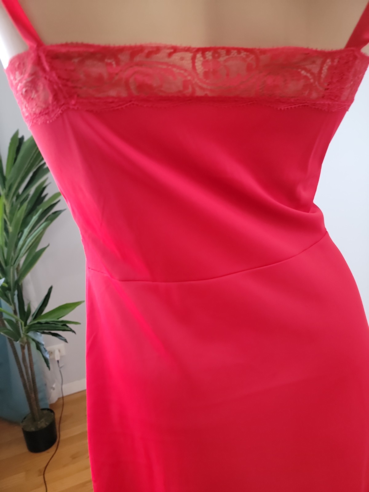 Vintage Charmode All Nylon Red Full Slip Pleated/Lace Detail Size 36 Tall