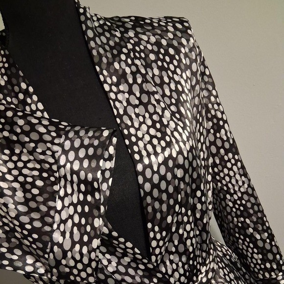 Womens black & white polka dot wrap robe with tie waist satin soft