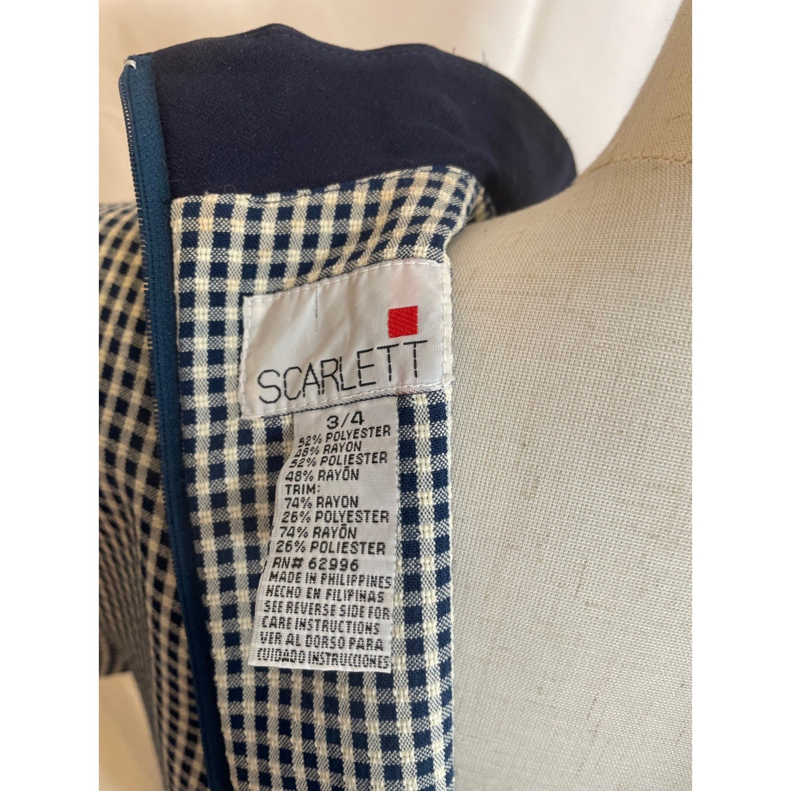 Scarlett Vintage Gingham Check Maxi Dress Navy Blue White Mandarin Collar 3/4